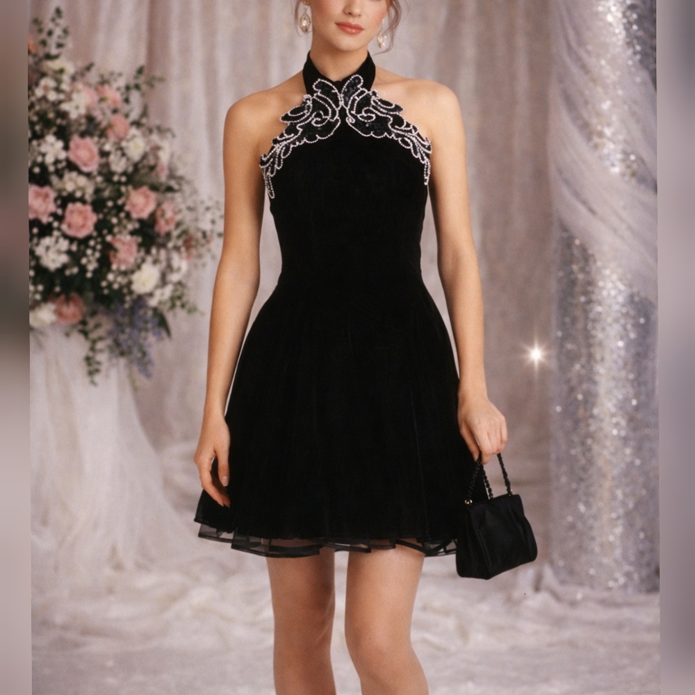 Betsy & Adam Vintage 80s 90s Black Velvet Halter Formal Party Prom Dress sz 7-8